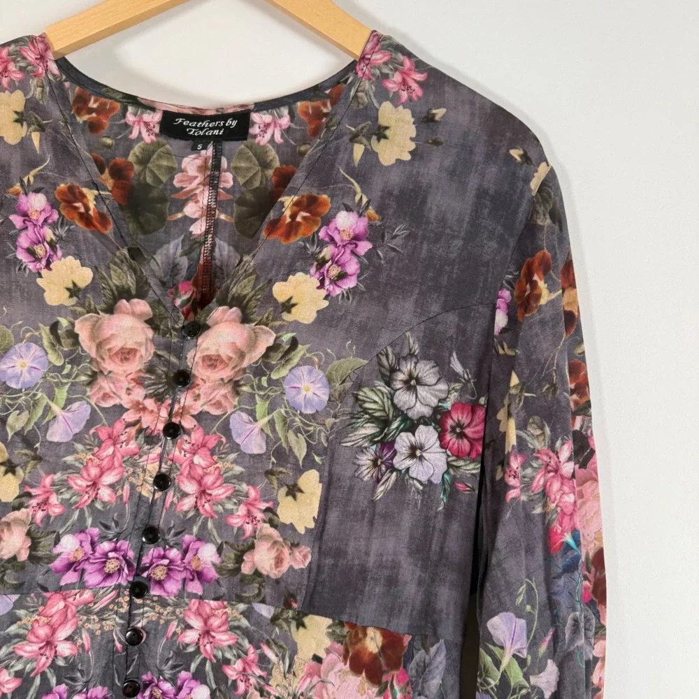 Feathers‎ by Tolani Floral Button Front Floral Print BOHO Midi Dress Small